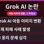 그록 AI로 인해 변형된 아동 이미지의 위험성을 경고하며, 딥페이크 피해 예방을 위한 대처법을 시각적으로 표현한 이미지. 디지털 위협으로부터 아이들을 보호하는 중요성을 강조한다.