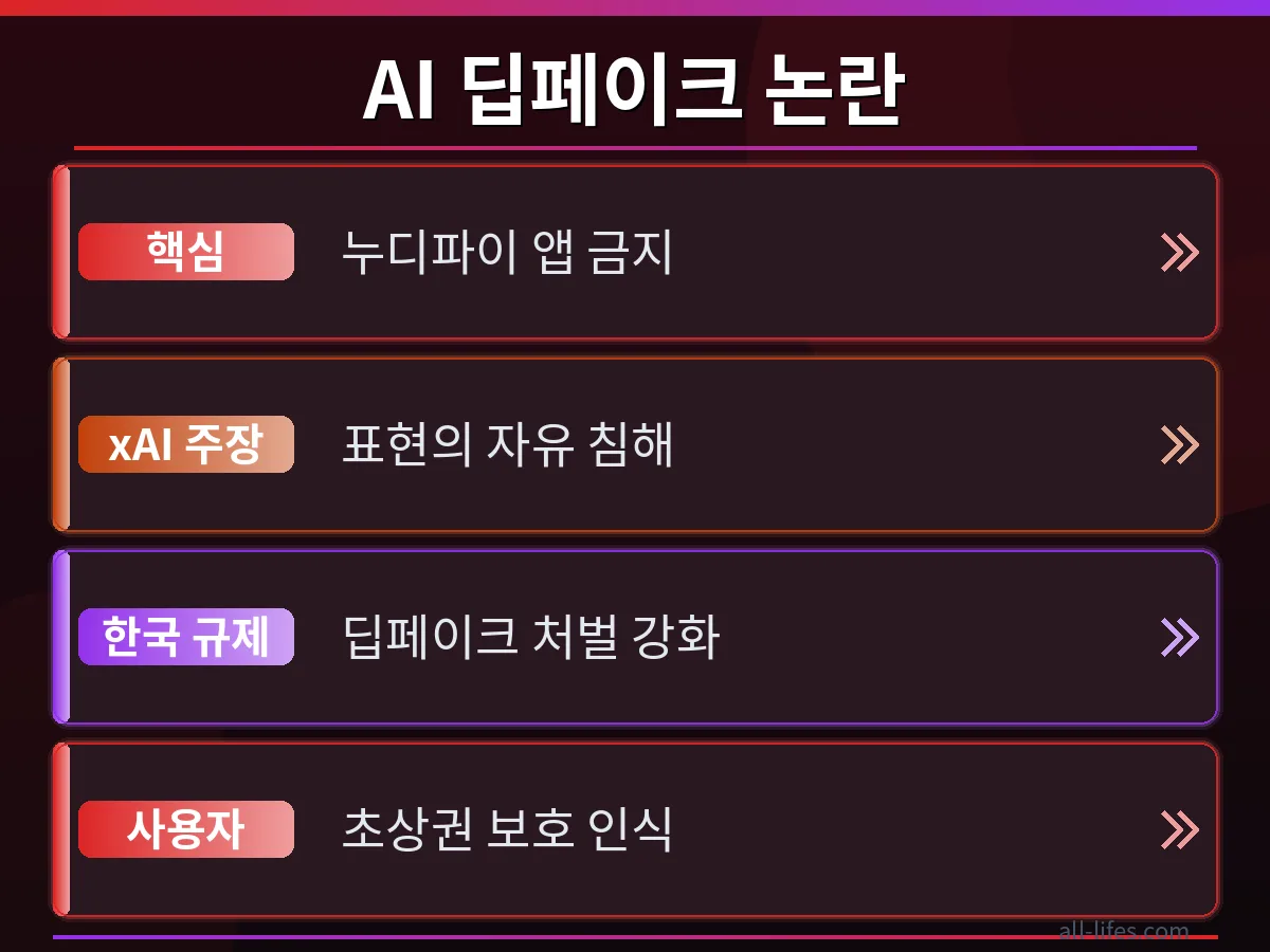 xAI 소송 전후의 한국 규제 변화를 비교하는 그래프. AI 딥페이크 처벌 비용 및 한국 법적 기준의 강화 추세를 보여줍니다.