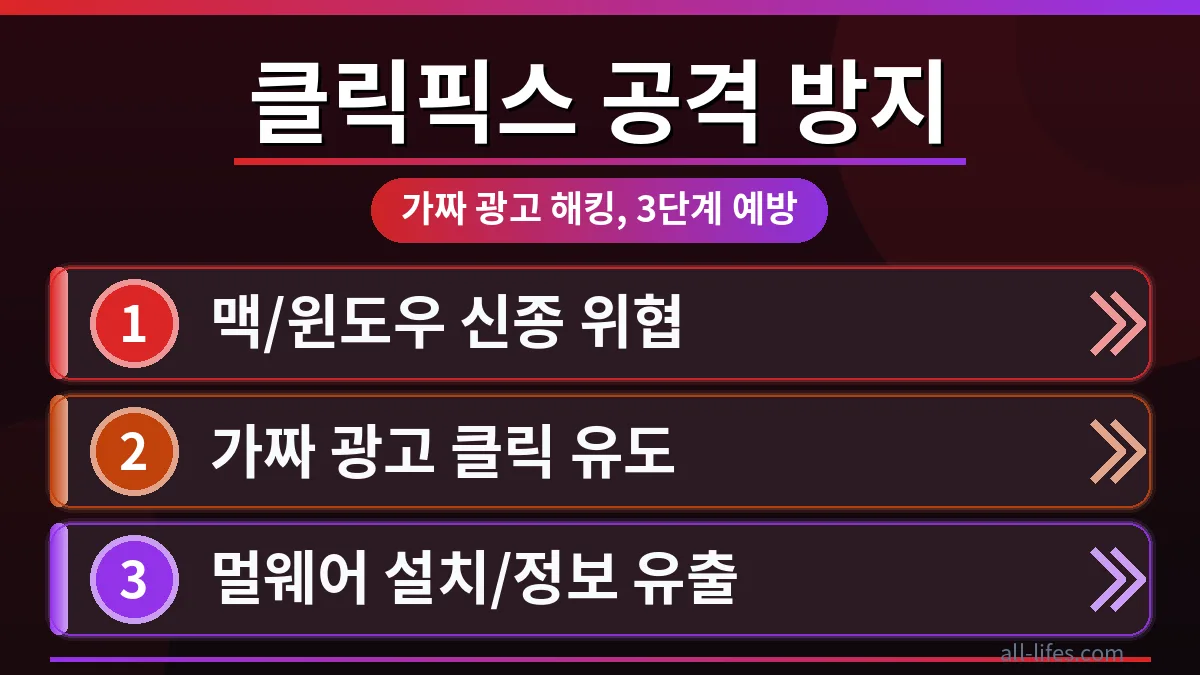 맥 윈도우 클릭픽스 공격으로부터 컴퓨터를 보호하는 디지털 방패 이미지. 가짜 광고 해킹을 막는 예방 무료 방법을 시각적으로 보여줍니다.