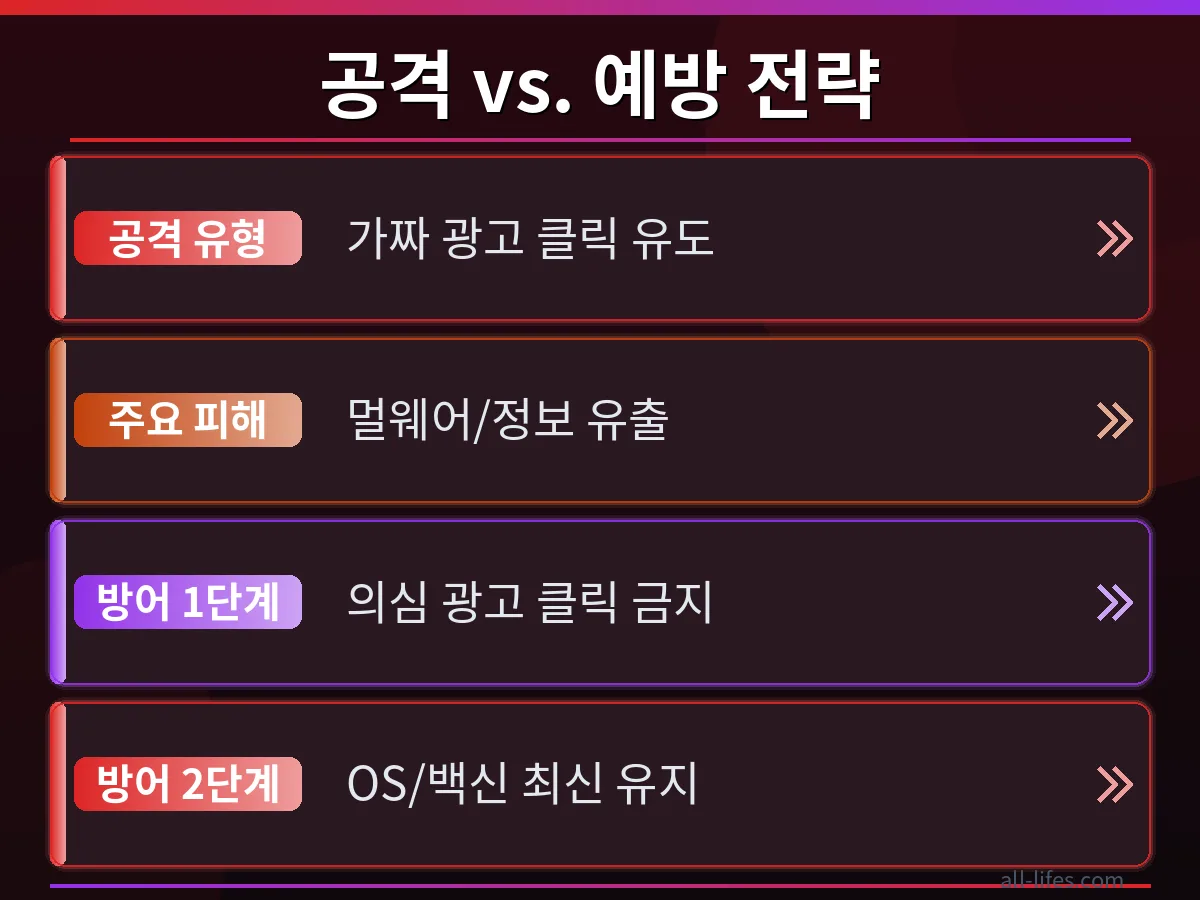 클릭픽스 공격에 노출된 화면과 안전하게 예방된 화면을 비교하는 이미지. 맥 윈도우 환경에서 가짜 광고 해킹을 막는 무료 방법의 효과를 시각적으로 보여줍니다.